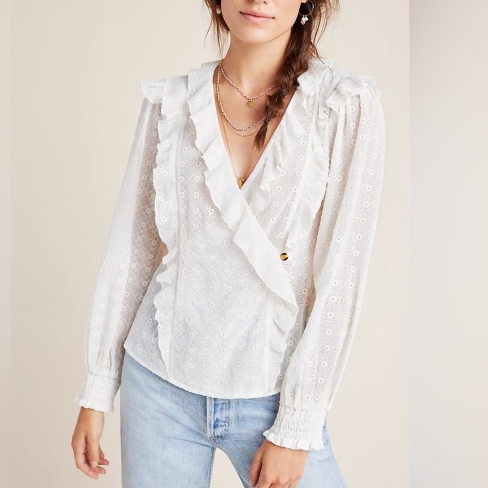 ANTHROPOLOGIE  Laila Ruffled Eyelet wrap Blouse 12 retro romantic poet style